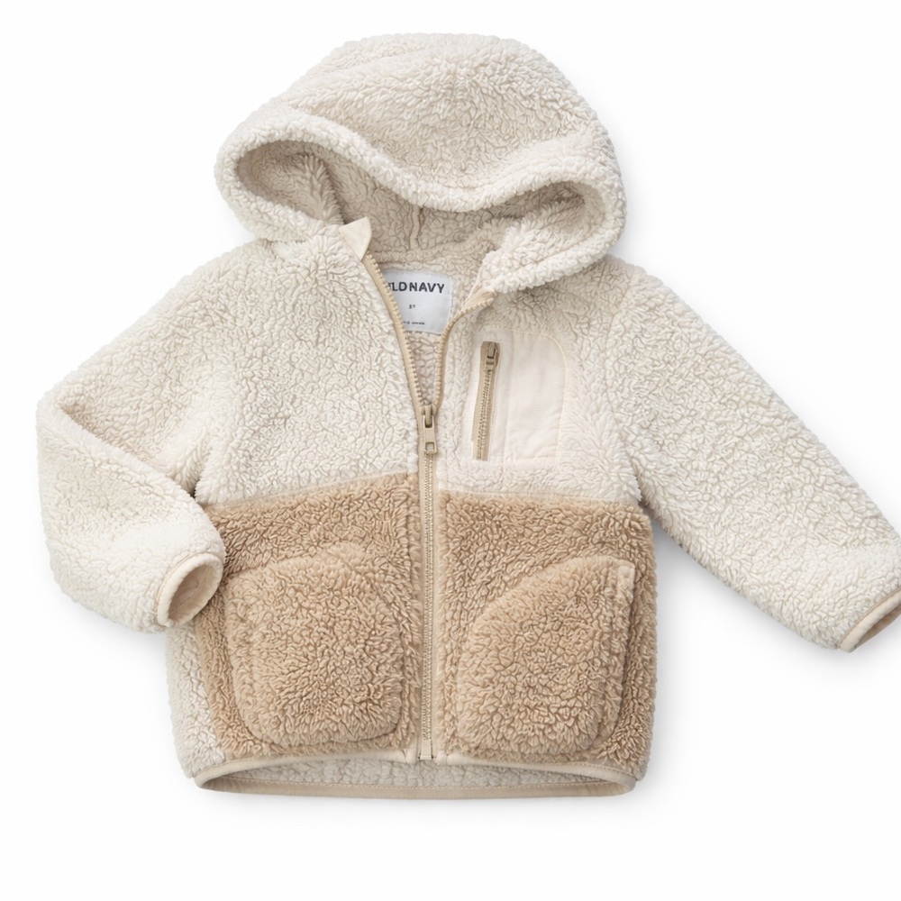 Old Navy Sherpa Hoodie 2T Cream Tan Colorblock Fleece Zip Up Toddler Jacket